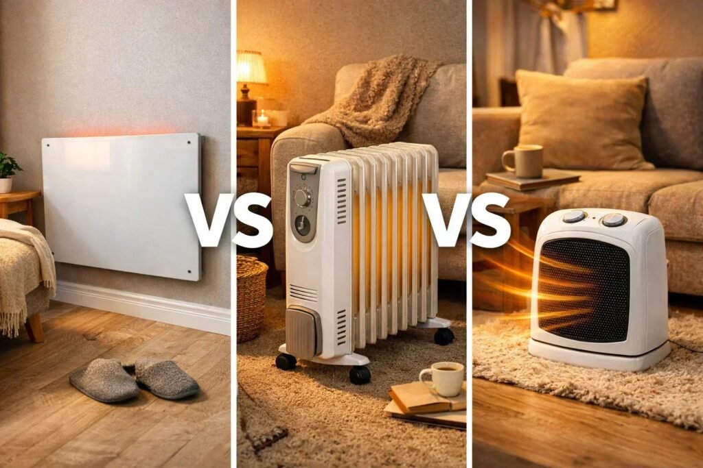 A modern oil heater providing warmth in a cozy, softly lit bedroom at night.