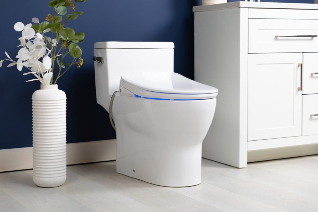 A modern Alpha Bidet IX Pure seat installed in a minimalist bright bathroom.