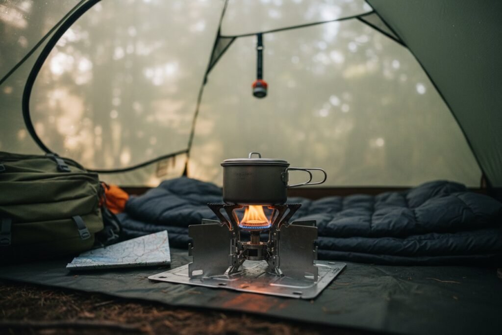 A portable camping oven set up safely inside a spacious canvas camping tent.
