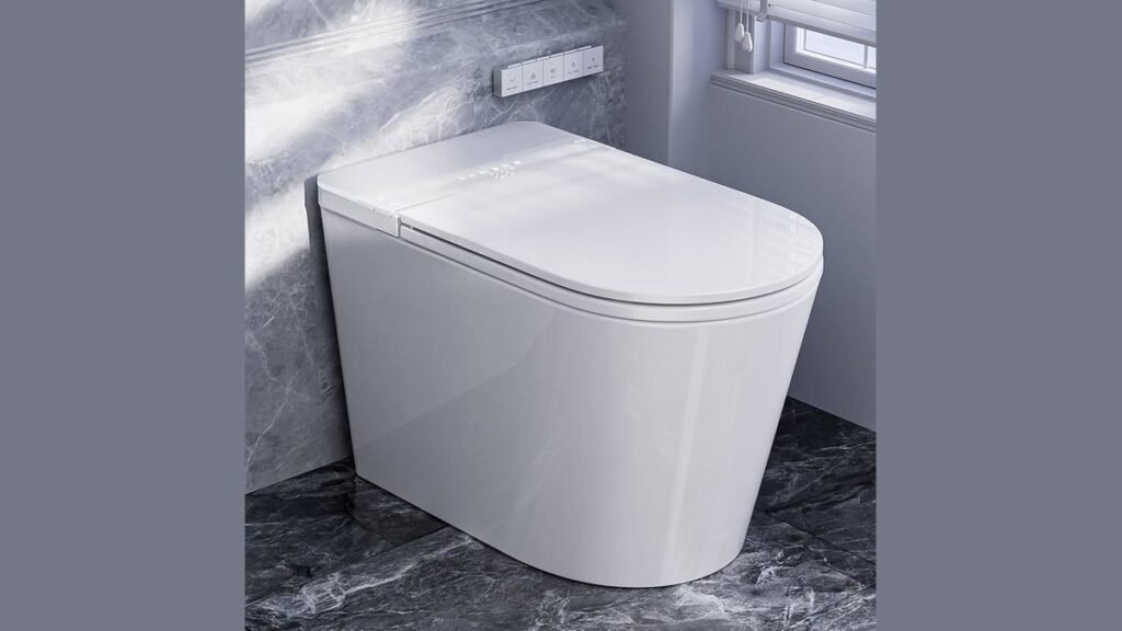 A modern white electric bidet toilet sits in a clean, minimalist bathroom setting.