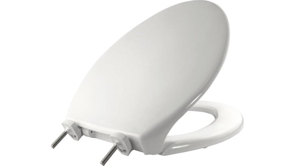 The Bemis 7800TDG commercial heavy duty toilet seat installed in a modern restroom.