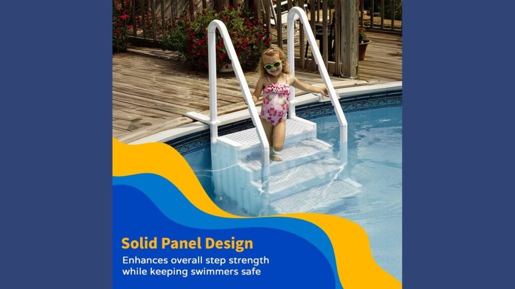 A modern above ground pool slide installed on a backyard pool in sunlight.