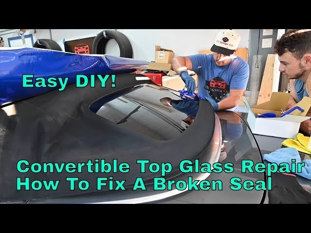 A technician carefully repairs a convertible top window using professional-grade automotive adhesive.