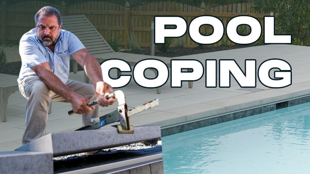 A professional pool contractor applying adhesive to stone coping for a pool project.