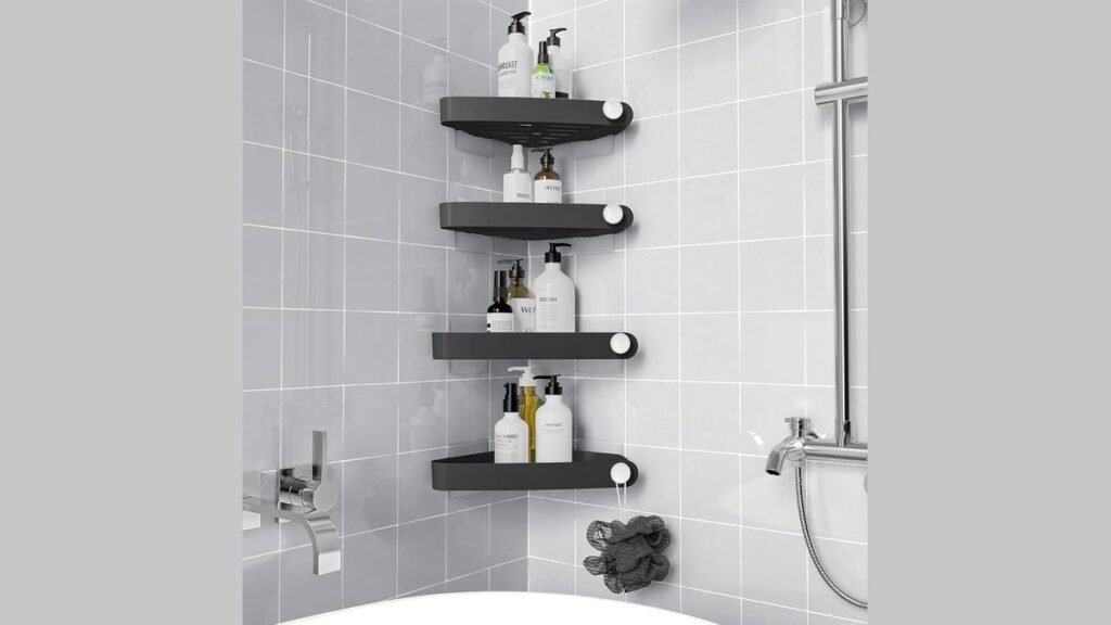A modern glass shower shelf installed securely with waterproof adhesive on white tiles.