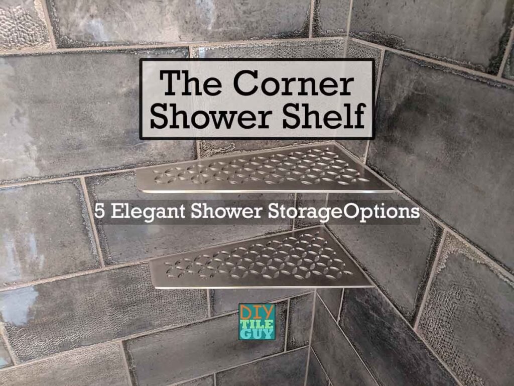 A modern shower shelf mounted to tiled walls using the best adhesive for shower shelf installation.