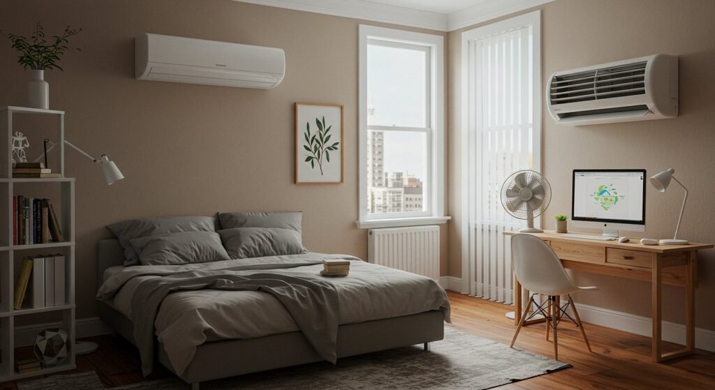 A modern portable air conditioner sits elegantly in a bright, minimalist bedroom setting.