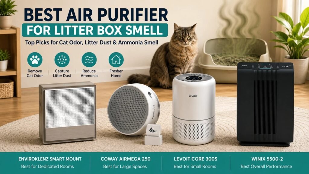 A modern air purifier positioned near a cat litter box in a clean home.