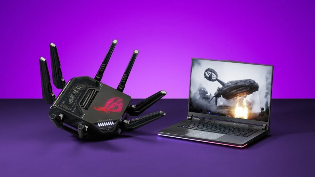 A modern ASUS router sits on a wooden desk as the best networking solution.