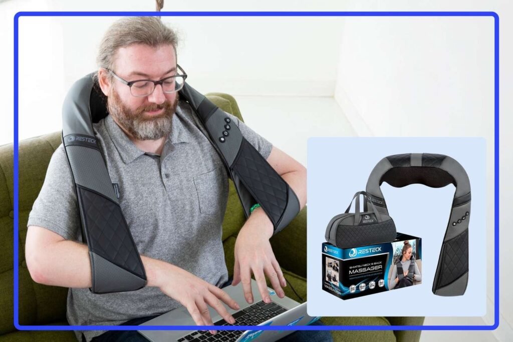 A modern electric back massager placed on a sofa for effective pain relief.