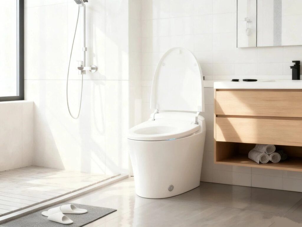 A durable bariatric toilet seat installed in a bright and modern accessible bathroom.
