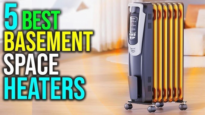 A modern electric space heater providing warmth in a cozy finished basement living room.