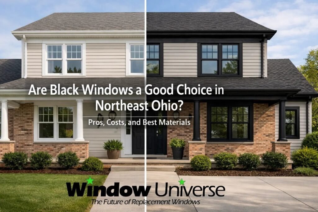 Modern home interior showcasing elegant black windows with a view of a garden.