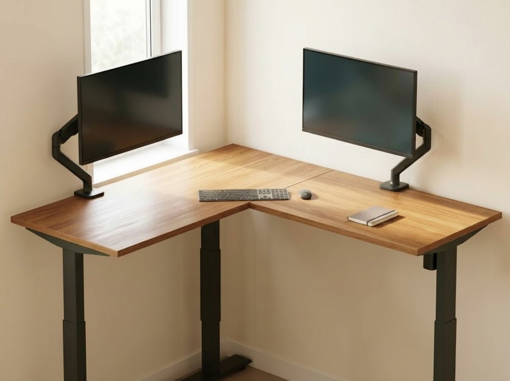 Three different styles of computer desks compared side by side for a dual monitor setup.