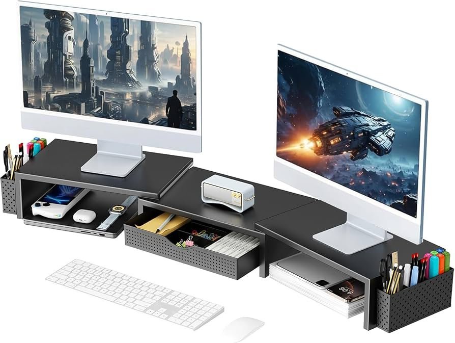 A modern home office desk setup featuring two computer monitors for better productivity.