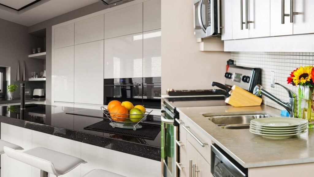 A polished granite countertop in a modern Indian kitchen with brass spice containers.