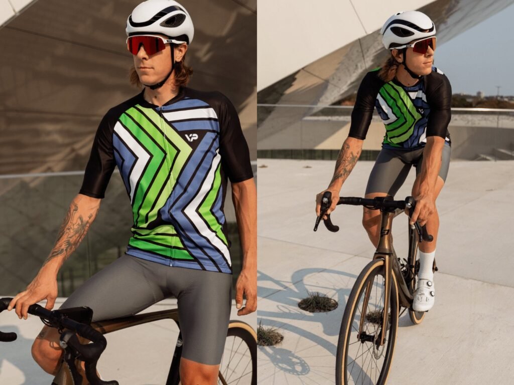 Professional cycling shorts resting on a bench near a bike for long distance rides.