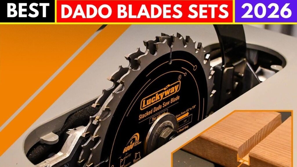 A professional dado blade set rests on a workbench for a table saw.