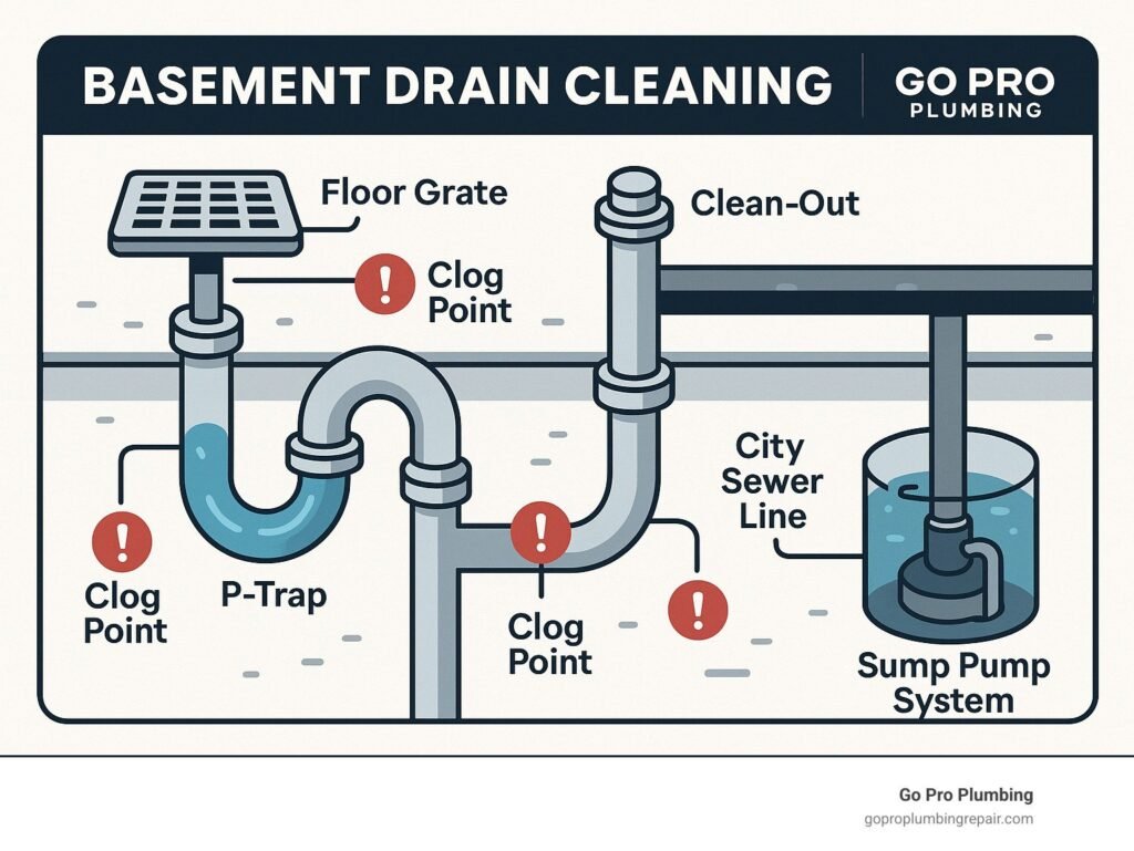 A clean basement floor drain serves as the focal point for home maintenance.