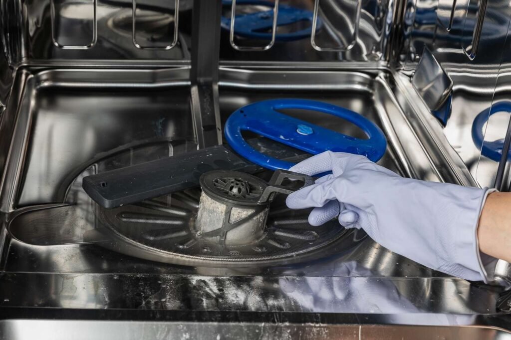 A bottle of dishwasher drain cleaner sits on a clean kitchen counter.