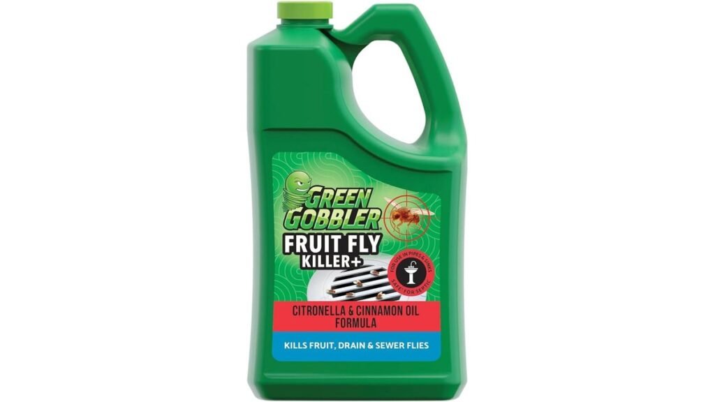 A bottle of drain cleaner sits by a clean sink to manage fruit flies.