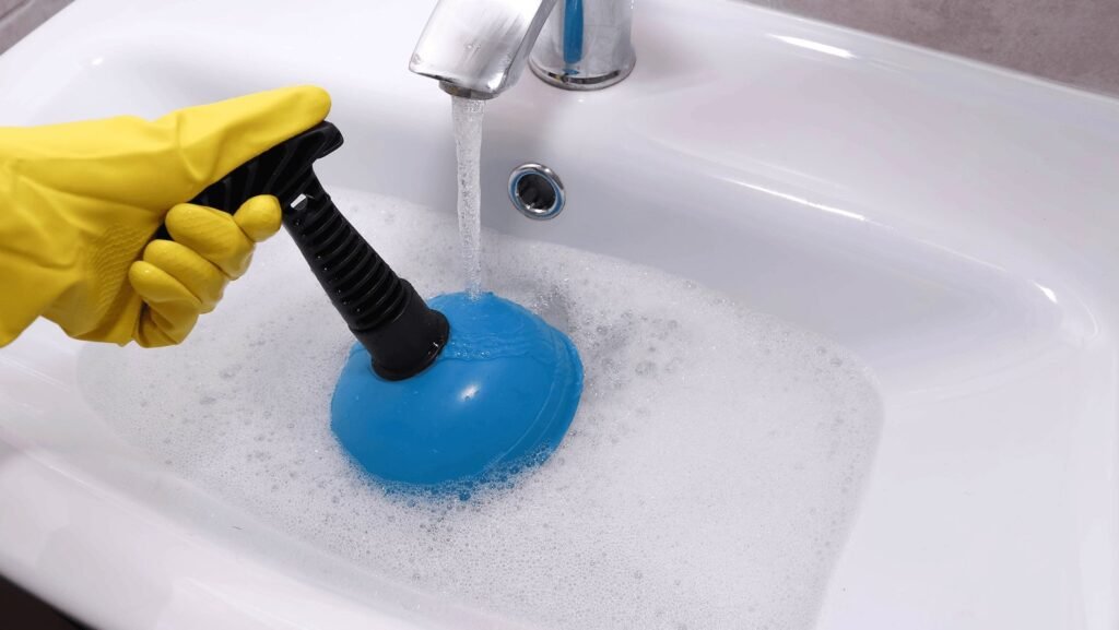 A bottle of professional drain cleaner sits on a clean bathroom vanity.