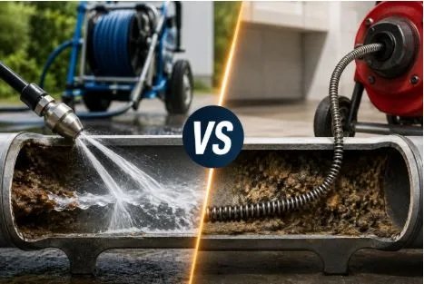A bottle of effective drain cleaner sits near a sink with standing water.