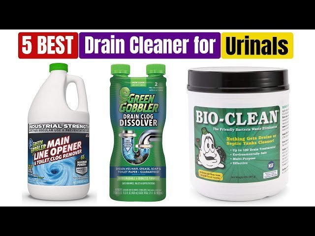 A maintenance worker cleans a modern urinal using the best drain cleaner available.
