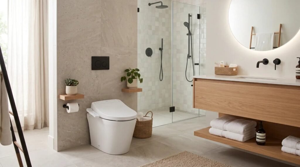 A modern, stylish elongated toilet seat installed in a bright, clean contemporary bathroom.