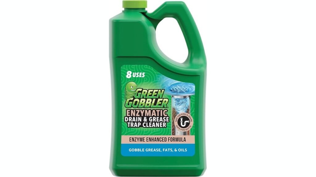 A bottle of eco-friendly enzyme drain cleaner sits on a clean modern kitchen counter.