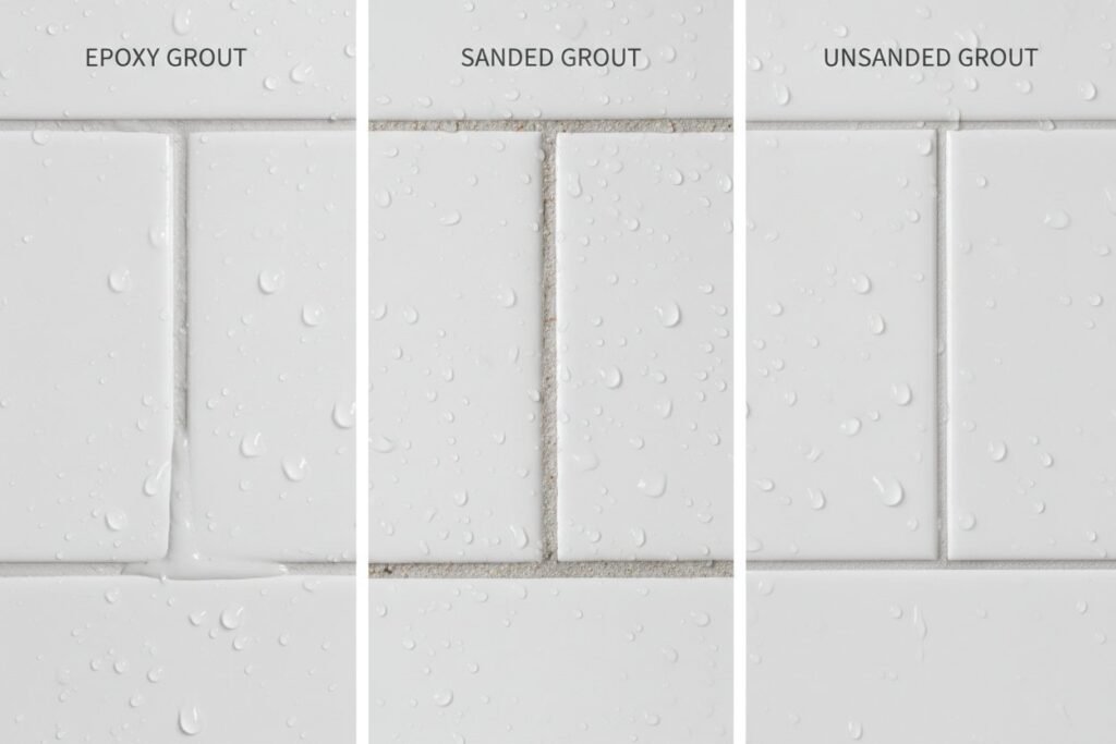 A close-up view of high-quality epoxy grout between clean tiles in a modern shower.