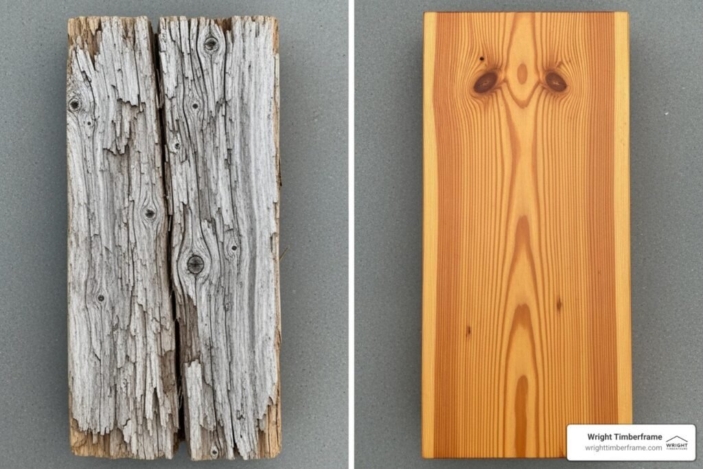 A close-up of high-quality exterior finish applied to Douglas fir wooden siding.
