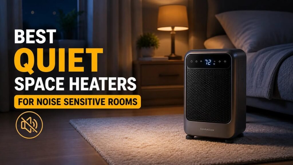A minimalist fanless heater sits on a wooden floor in a bright living room.