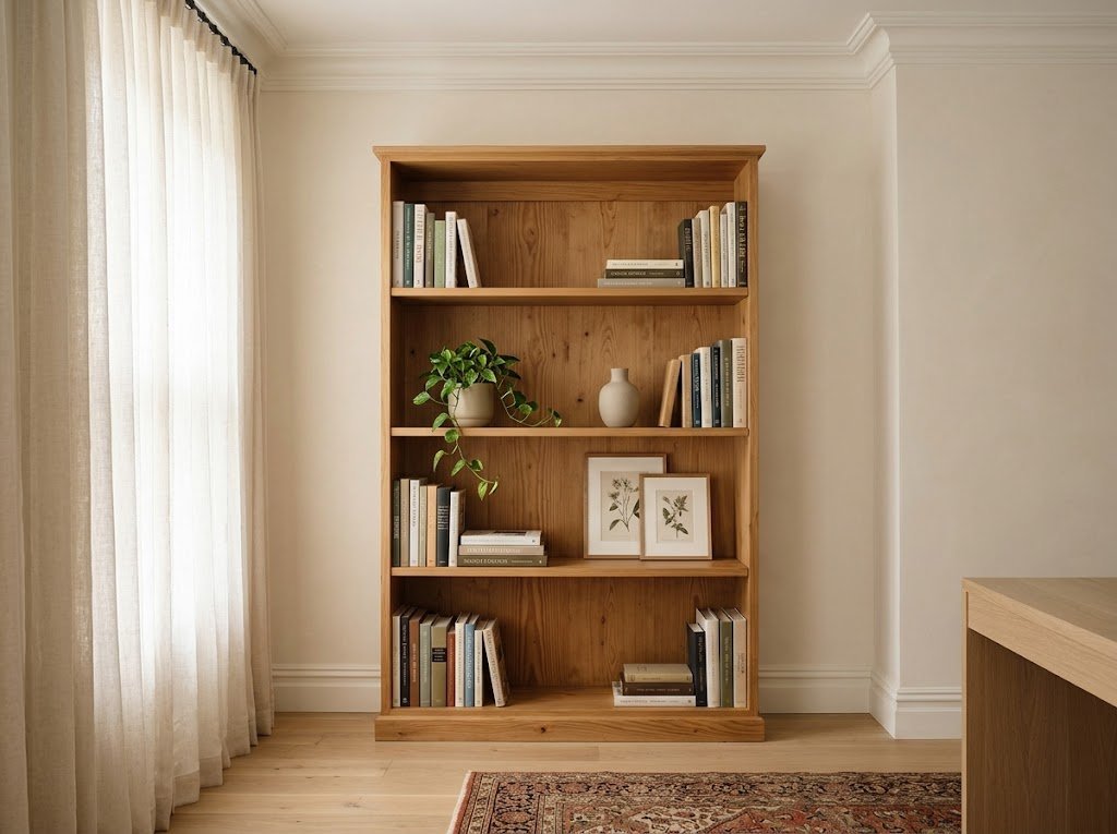 Close-up of a hand touching a smooth oak bookshelf with a quality finish.
