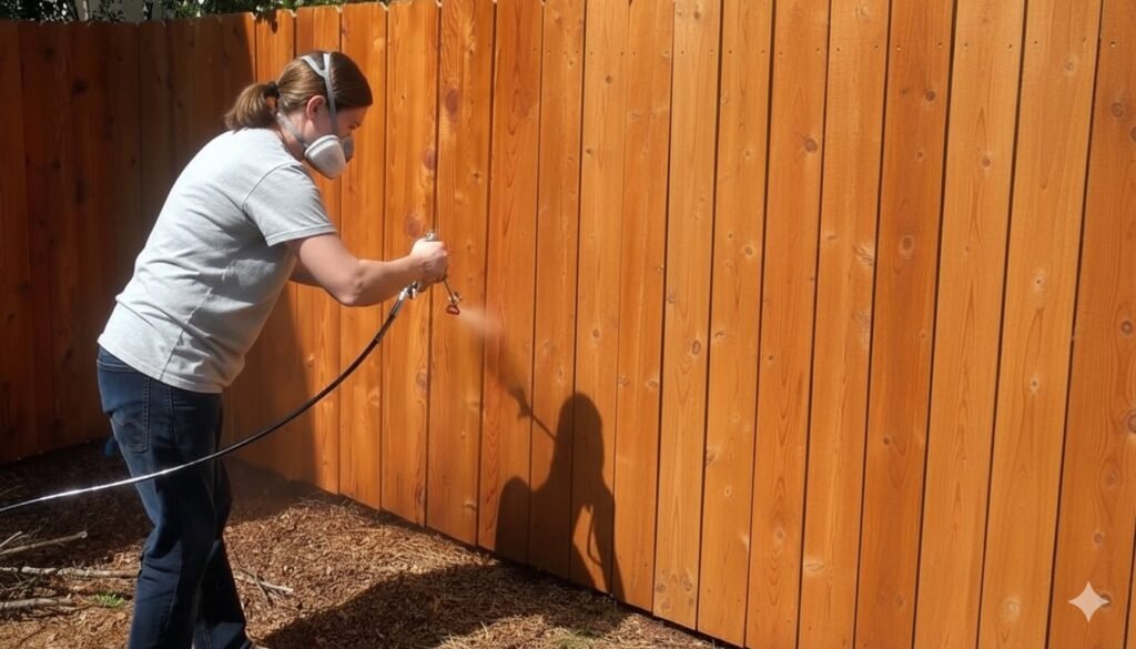 A beautifully stained cedar fence glows in the warm light of a garden.