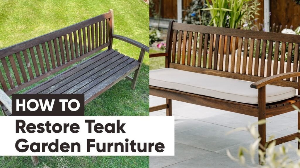A beautiful teak outdoor dining set resting on a stone patio in sunlight.