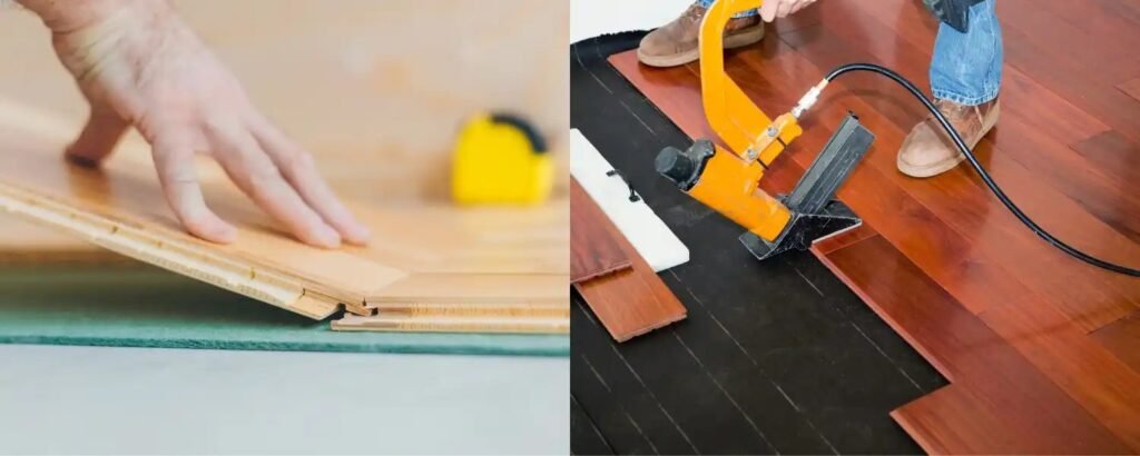 A professional installer applies wood glue to engineered hardwood flooring for a secure installation.