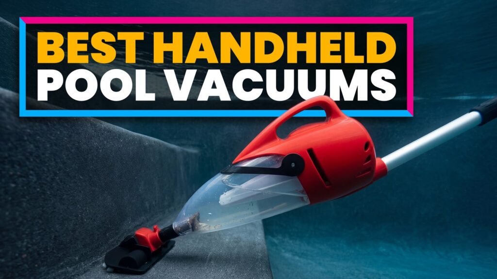 A modern handheld pool vacuum sits on the edge of a pristine swimming pool.