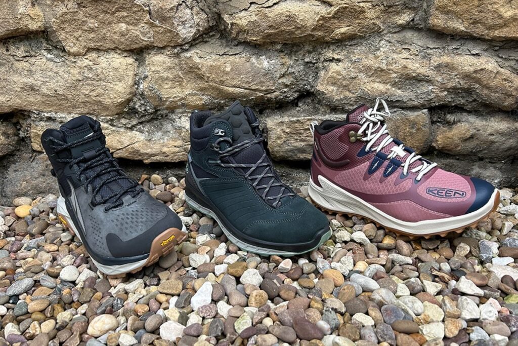 Durable hiking shoes designed for foot comfort resting on a mountain trail.