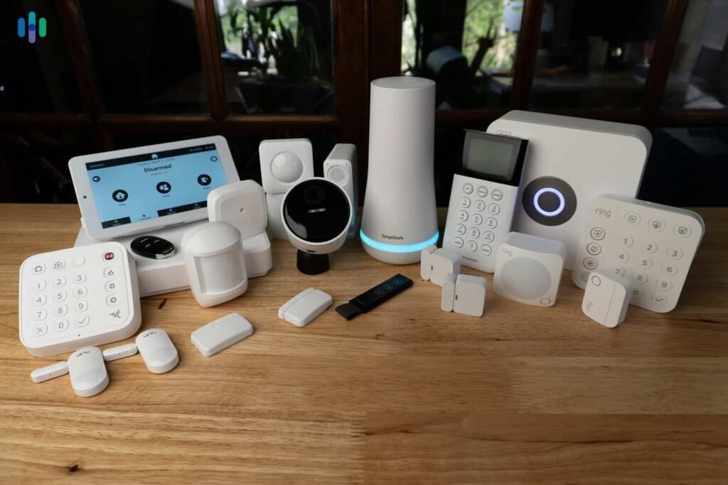 A modern smart home security hub installed in a bright, contemporary living room.