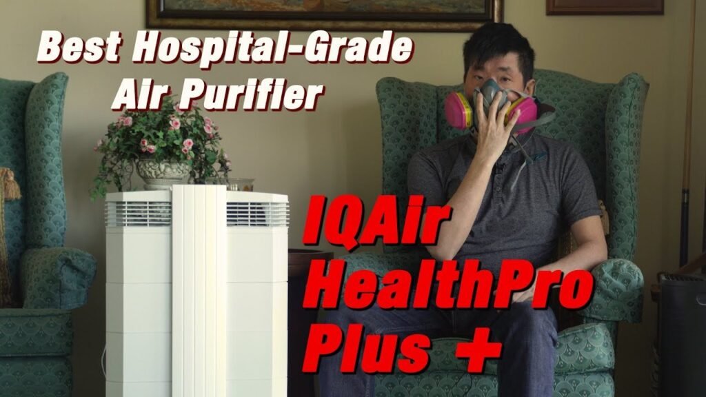 A modern hospital grade air purifier placed in a bright and airy living room.