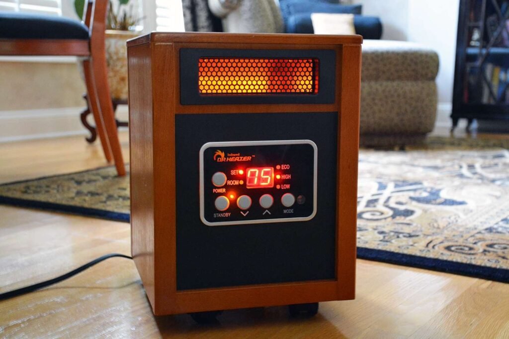 A modern infrared heater providing cozy warmth in a stylishly decorated living room.