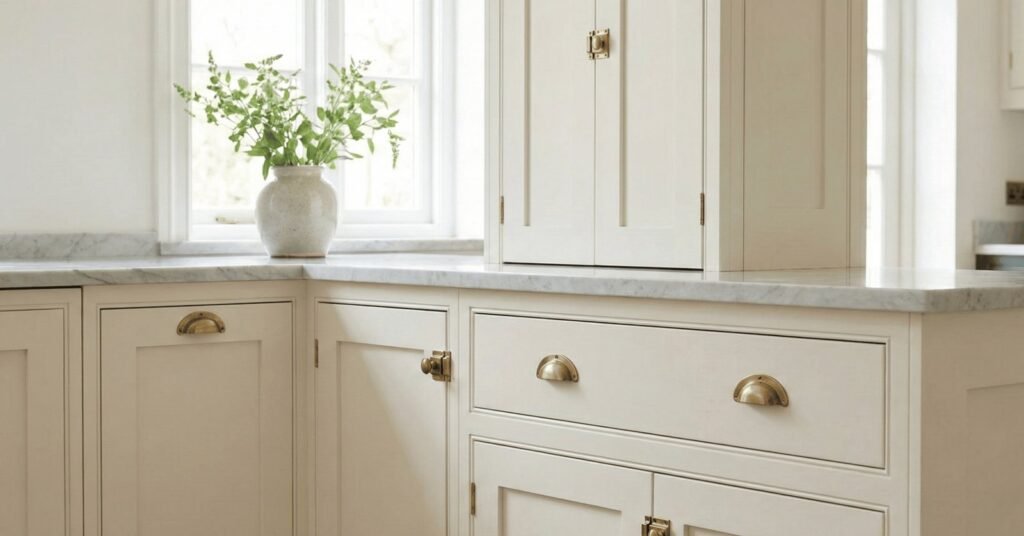 A modern kitchen showcasing elegant inset cabinets with high-end brass hardware details.