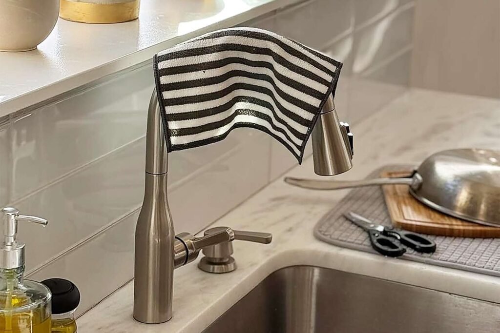 A stack of clean, high-quality kitchen washcloths sitting on a bright marble countertop.