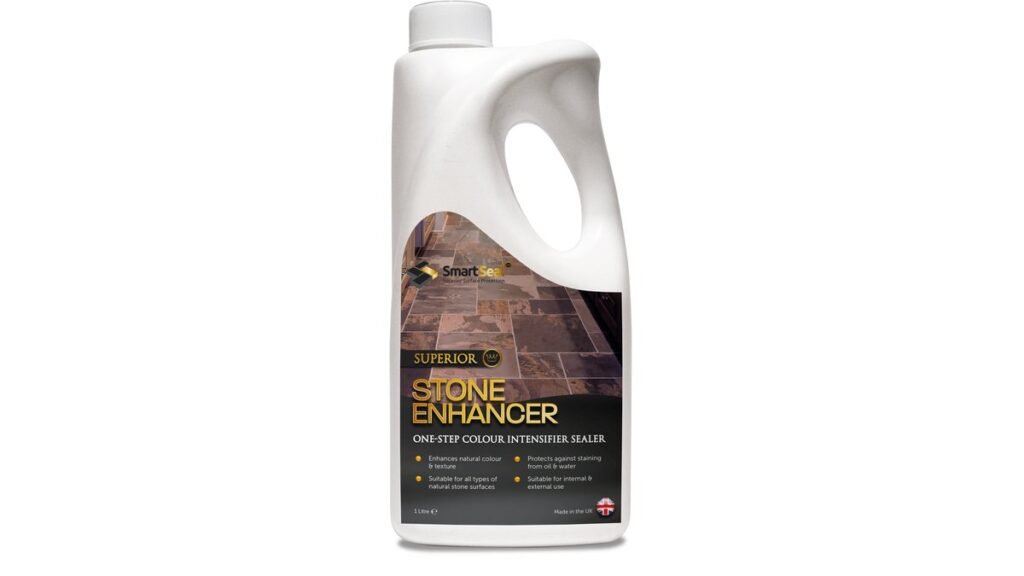 A polished granite countertop surface demonstrating the effects of a natural stone sealer.
