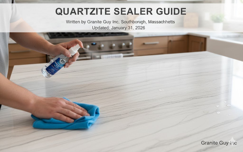 A bottle of professional penetrating sealer sits on a beautiful quartzite kitchen countertop.