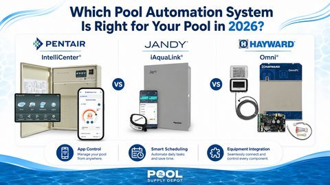 A smartphone controls the features of a modern backyard pool system at night.