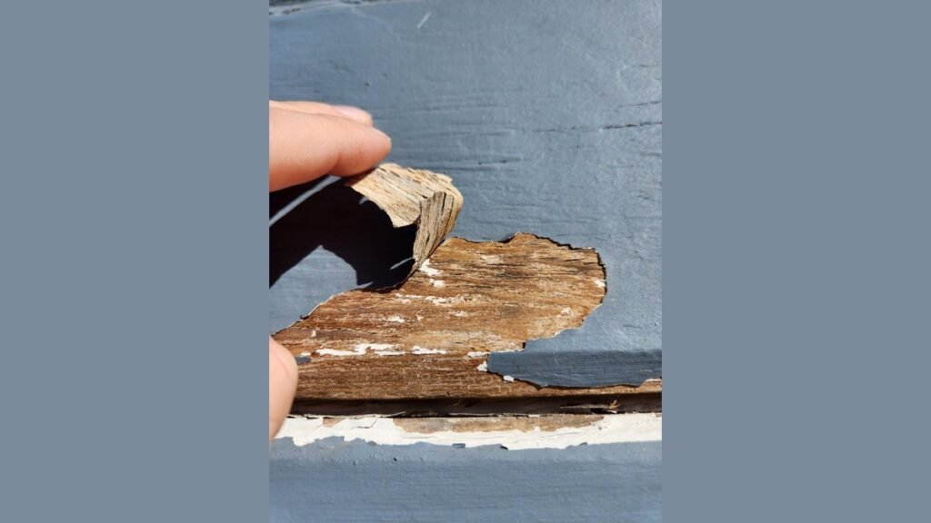 A professional painter applies primer to a textured redwood board in a workshop.