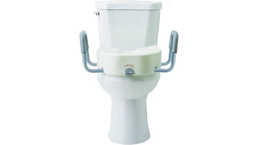 A modern raised toilet seat installed in a bright, accessible bathroom for surgery recovery.