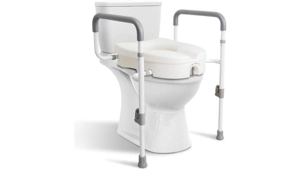 A comfortable raised toilet seat with arms installed in a bright modern bathroom.